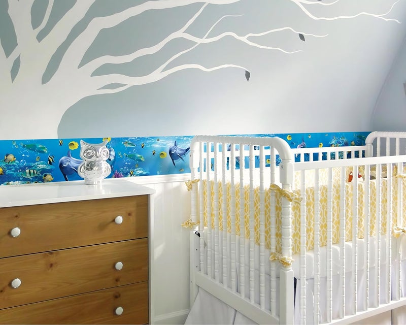 FLFK Peel and Stick Wallpaper Border Wall Decals for Kids Room - Under The Sea Fish Stickers Murals, 7" x 240" (Blue) - Image 5